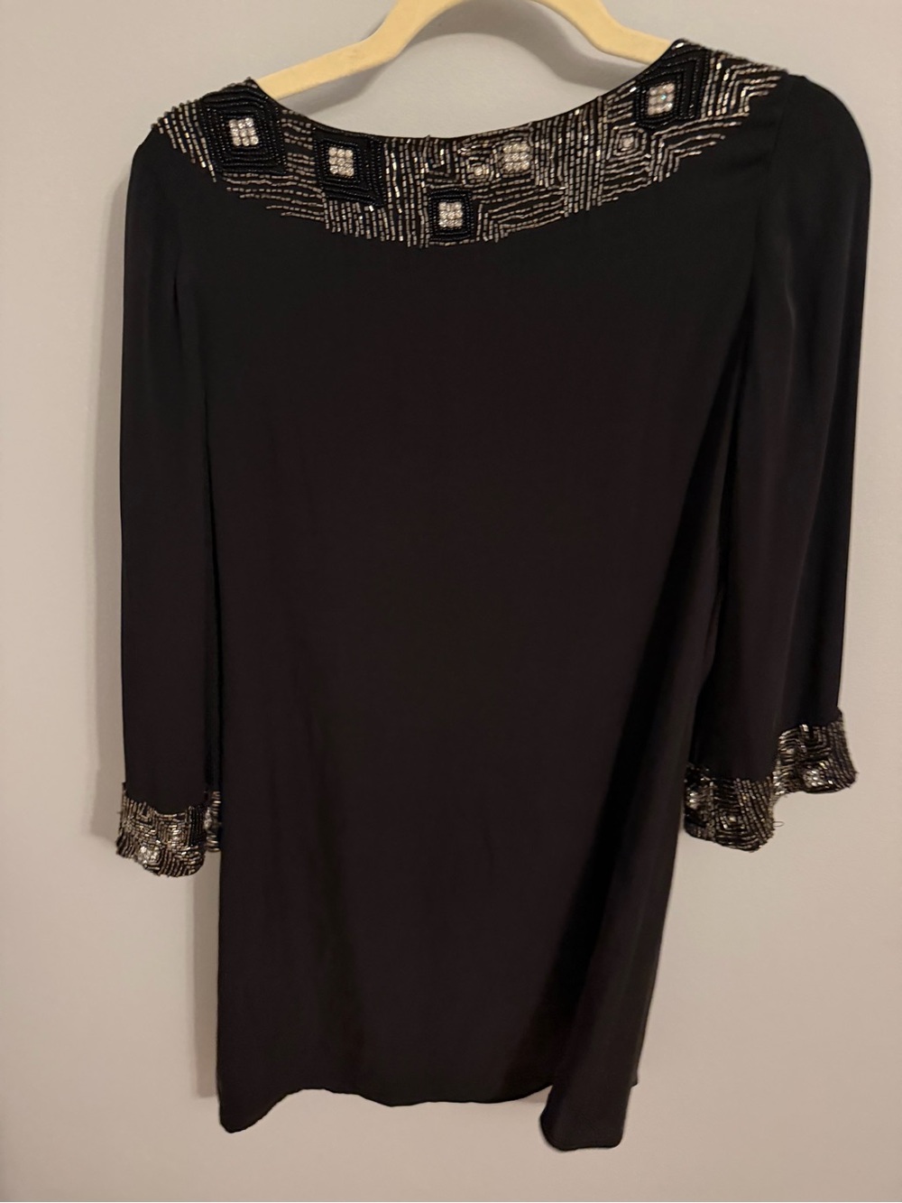 Alice + Olivia Black Long Sleeve Shift Dress with Beaded Neckline
